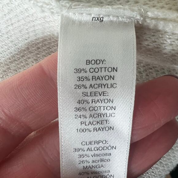 Chico's Long Line Cardigan Sweater Ivory Open Front Jacquard Knit Size 2 / Large - Picture 11 of 11